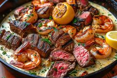 Grilled Shrimp and Steak Skillet With Creamy Sauce