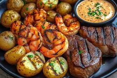 Grilled Shrimp and Steaks With Roasted Baby Potatoes