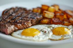 grilled steak with two fried eggs