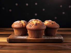 group of freshly baked muffins on a wooden cutting board