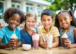 Group of kids laughing and sharing milkshakes