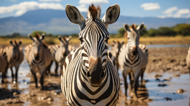 group of zebras near a watering hole in kenya africax