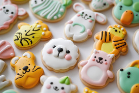 hand decorated animal shaped cookies with intricate icing