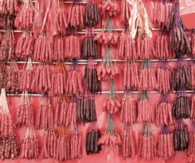 hanging dried meat for sale in stall china town singapore