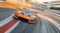 High-speed racing at a modern circuit showcasing an orange sports car on a curved track during daylight hours