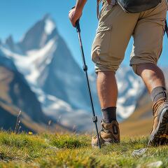 Hiker in Mountains With Sticks Under Blue Sky