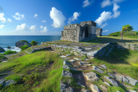 historical Mayan temple overlooking a cliff by the sea