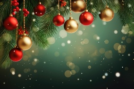 holiday background with pine needles and shiny christmas decorations