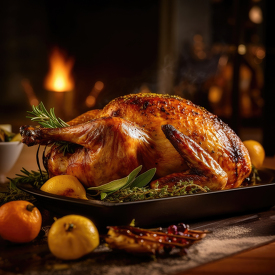 holiday tradition roast turkey garnished with sage and oranges