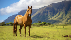 horse standing in a green field in hawaii