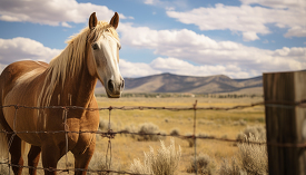horse that is standing behind a barbed wire fence blue sky in wy
