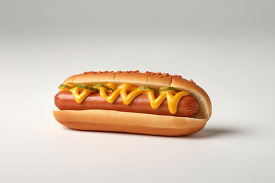 hot dog with mustard on it is on a white background