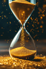 hourglass with cascading golden sand and bokeh effect