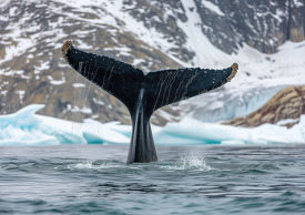 Humpback whales tail fluke above water in a polar landscape