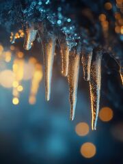 Lovely icicles dangle from a frozen surface, reflecting warm, soft light. The blend of icy textures and glowing bokeh creates a magical winter ambiance.