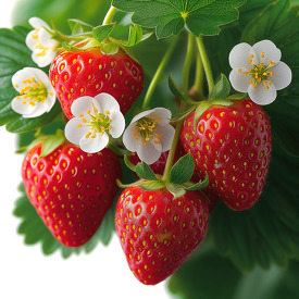 Illustration of ripe red strawberries with flowers and leaves