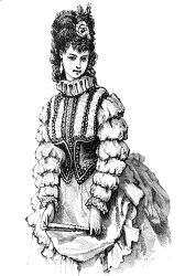 ilustration of a Victorian woman in an elaborate dress holding a