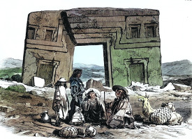 indians and llama among the ruins historical colorized illustrat