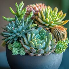 This vibrant indoor plant arrangement features a stunning variety of succulents and cacti in a sleek black pot. Perfect for enhancing modern home interiors, it adds a touch of nature.