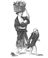 japanese women carrying a fish basket and child historical illus