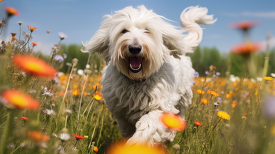 Komondor Dog running in spring flowers