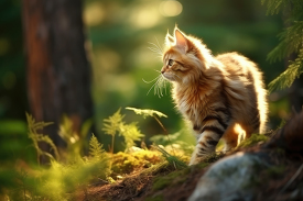 Kurilian bobtail cat walking outdoors in the sun
