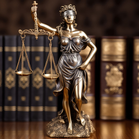 lady justice holds a scale with law books in the background