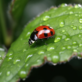 ladybug walked on dew covered plant leaf
