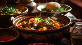 Lamb tagine with potatoes and carrots in a rustic clay pot