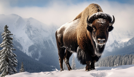 large bison standing on a snowy hill with a mountain in the back