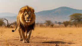 lion walking in the savanna in africa