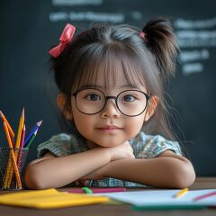 Little Student Girl Studying in a Classroom Setting