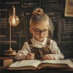 A young girl studies diligently at her school desk, wearing glasses and a hair bow. She writes in her notebook, surrounded by books and a warm desk lamp, capturing the essence of education.