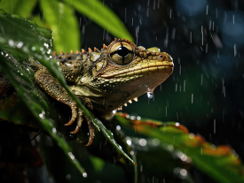lizard clings to a leaf in the rain