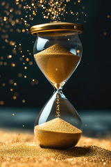 lose up of an hourglass with sparkling sand on a dark background