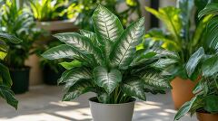 A large Dieffenbachia plant stands prominently in an outdoor garden among vibrant tropical plants like Philodendron and Calathea, with sunlight filtering through the leaves.