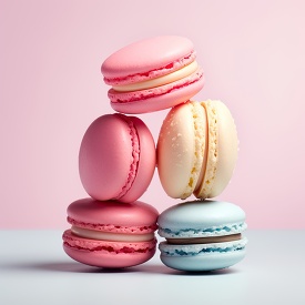 Macarons with a gradient of colors stacked against a gradient pi