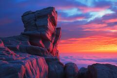 Majestic Sunset Over Rocky Horizon With Clouds Below