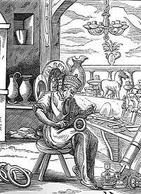 medieval coppersmith workinng with his tools illustration