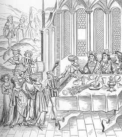 medieval state banquet table setting illustration