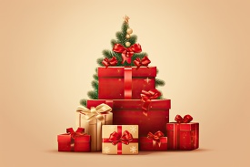 merry christmas and happy new year red background. pile of red gift boxes with beige bow