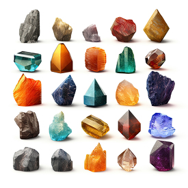 Mineral collection of differenty types and shapes isolated backg