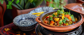 Moroccan vegetable tagine with parsley on a decorated table