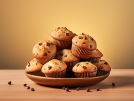 muffins stacked in a wood bowl