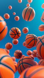 Multiple basketballs floating in the air