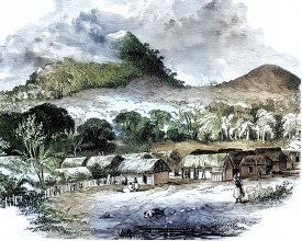 native village on the isthmus historical colorized illustration