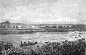 navigating down a river in africa historical illustration africa