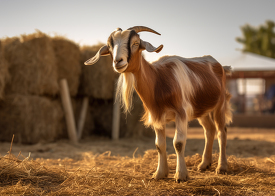 Nubian goat on a farm with hay in the background