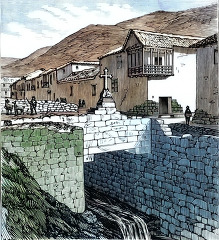 old bridge at cuzco historical colorized illustration