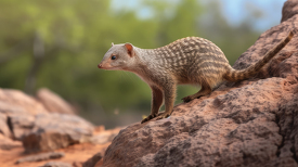 one banded mongoose climbs on rocks